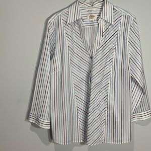 Talbots size 16 white button up blouse with blue stripes 3/4 length sleeves